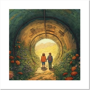 Tunnel of Love, Ukraine cartoon illustration. Back view of happy couple holding hands Posters and Art